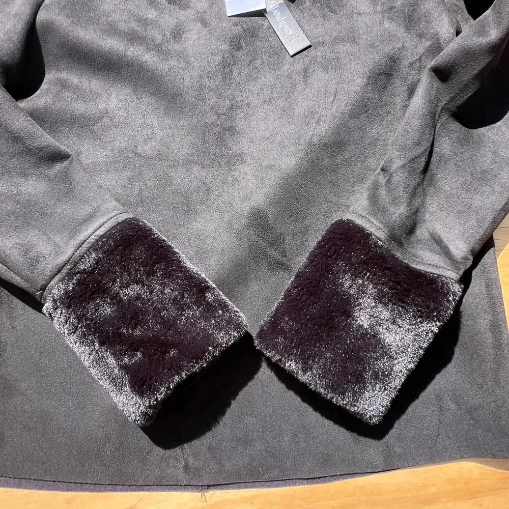 Catherine Malandrino Black Faux Suede Top with Faux Fur Cuffs XS NWT - Picture 7 of 11